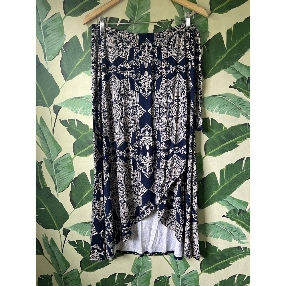 Loveappella Faux Wrap Maxi Skirt Womens MP Navy Blue Medallion